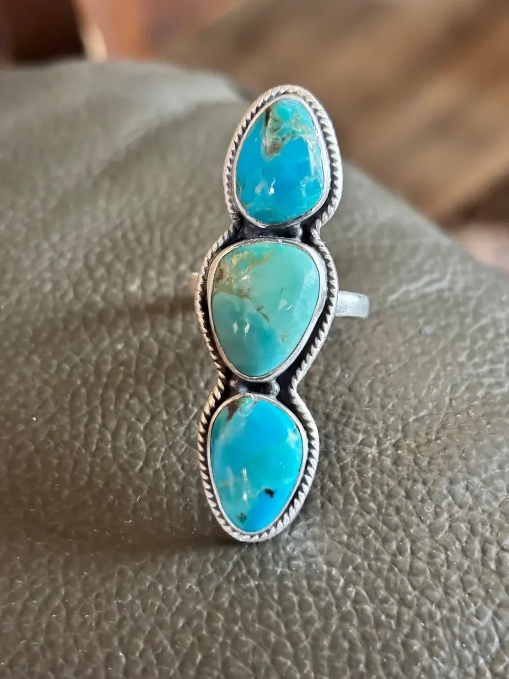 Bright Blue Turquoise Vertical three stone ring in Sterling Sliver